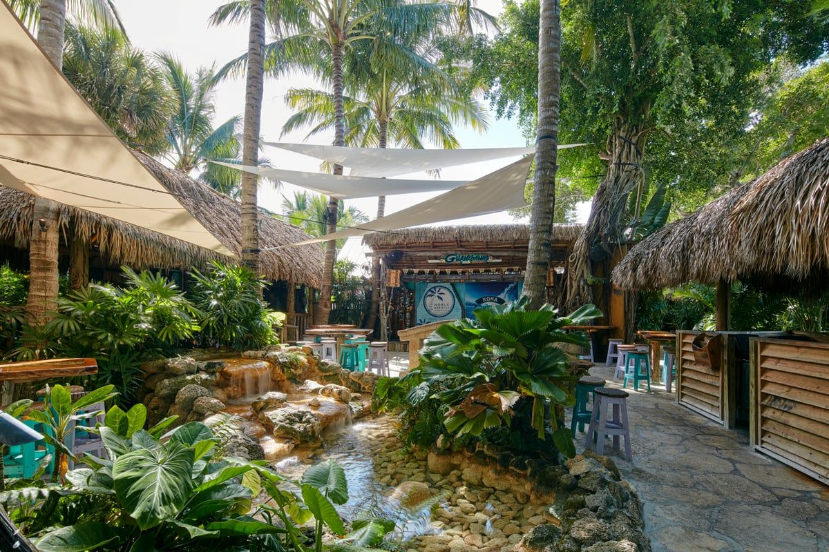 The coquina-stone rock-waterfall courtyard with lush elephant-ear plants and turquoise bar stools